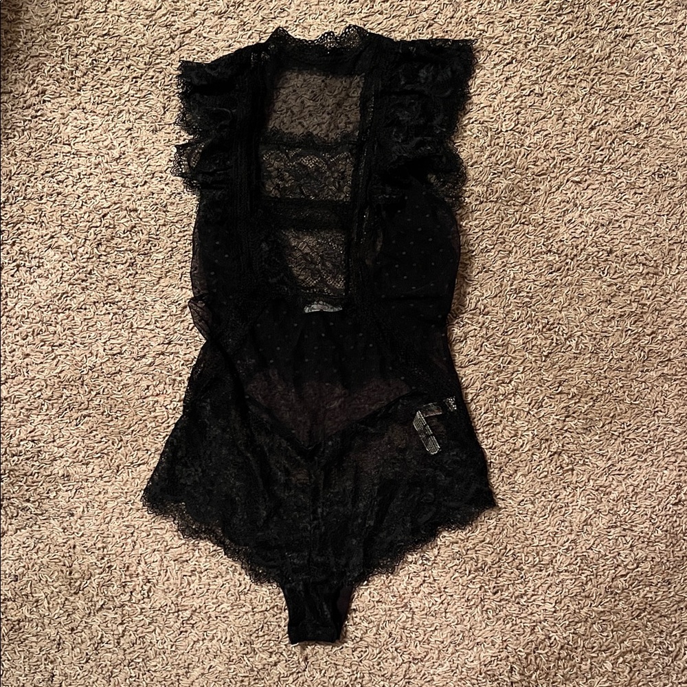 Free People Black Lace Ruffle Sheer Bodysuit
